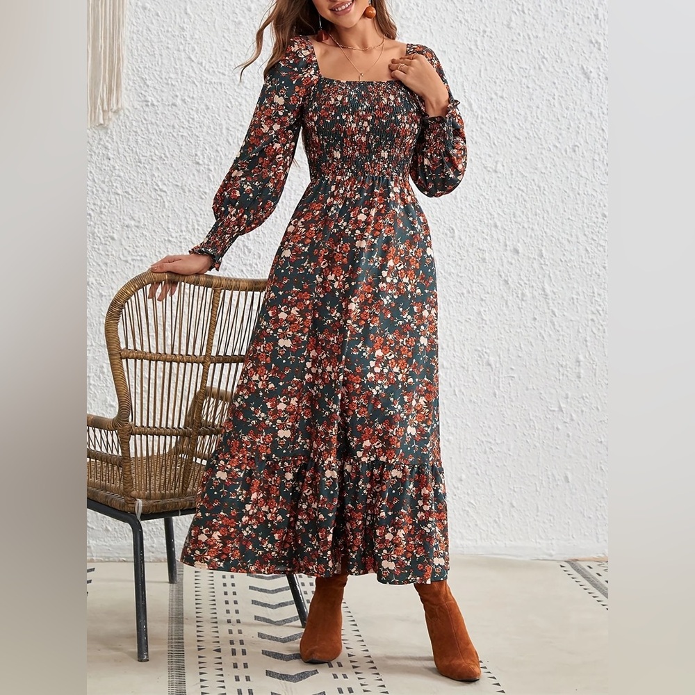 SHEIN Floral Long Sleeve Green Orange Dress